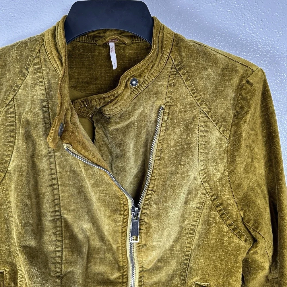 Free People Lacy Velvet Moto Jacket Womens Size‎ Small Green Gold Military